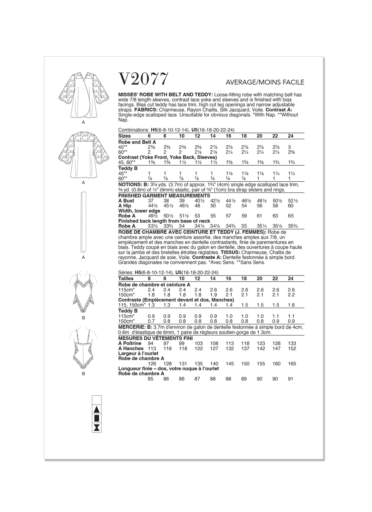 Patron Vogue n°2077 - Robe de chambre et teddy élégants avec détails en dentelle