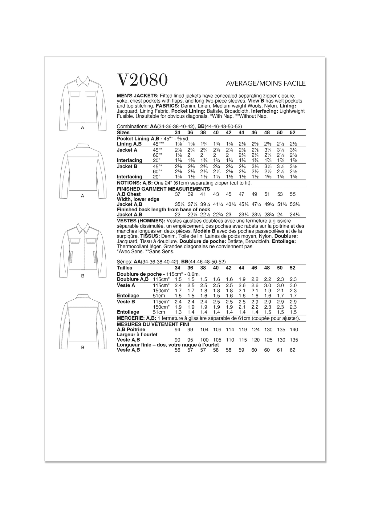 Patron Vogue n°2080 - Veste ajustée pour homme avec détails contemporains