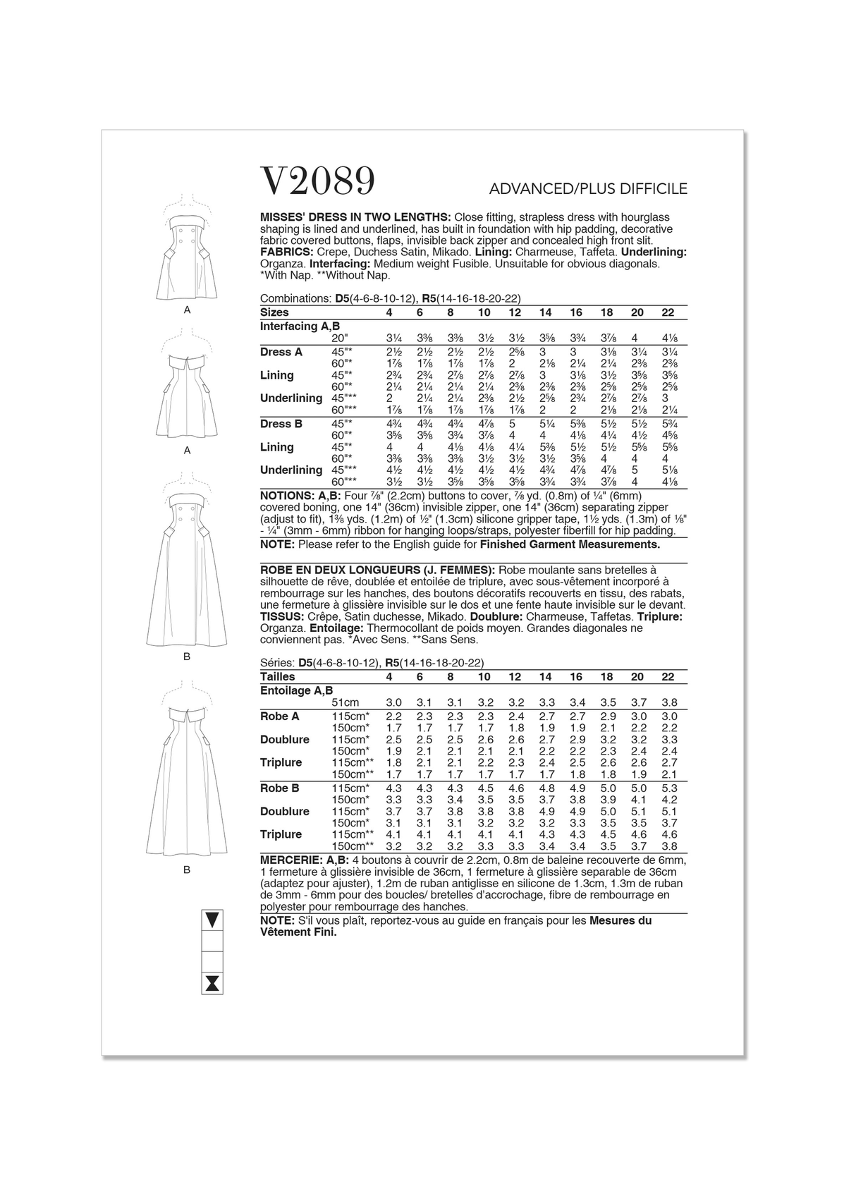 Patron Vogue n°2089 - Robe bustier sans bretelles deux longueurs