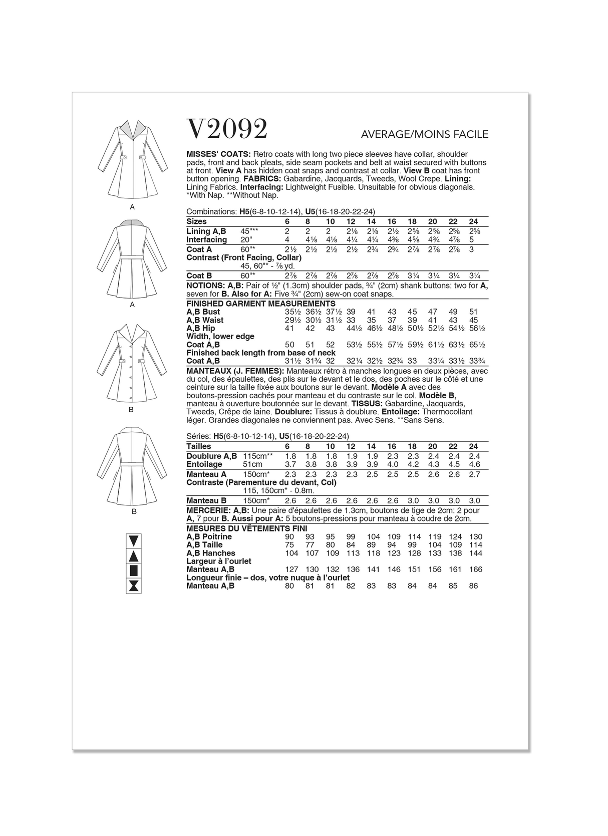 Patron Vogue n°2092 - Manteau couture à manches longues & ceinture