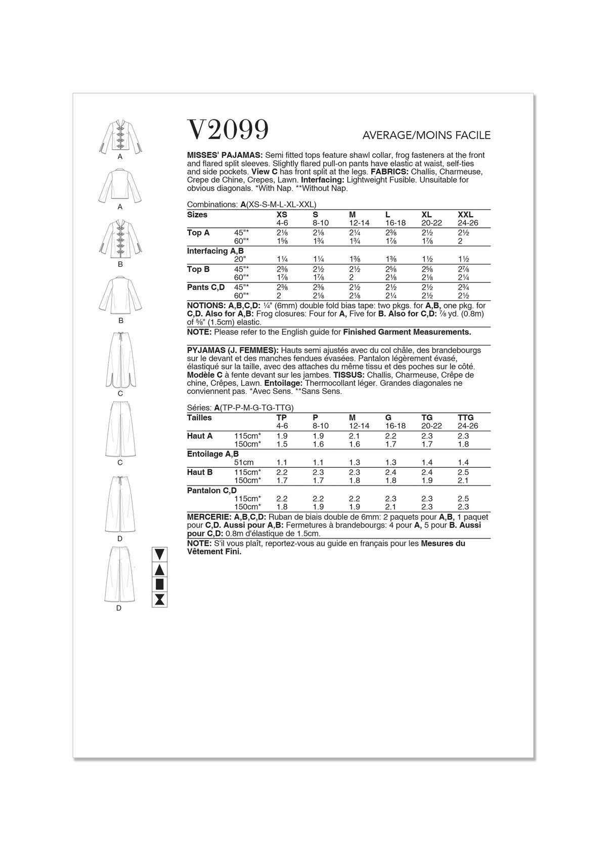 Patron Vogue n°2099 - Pyjama chic avec pantalon élastiqué
