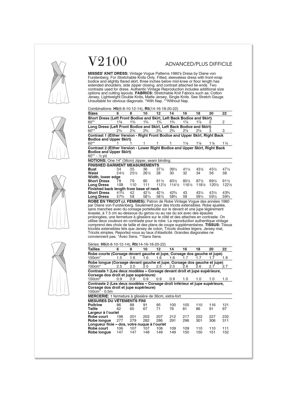 Patron Vogue n°2100 - Robe tricoté vintage inspirée Diane von Furstenberg