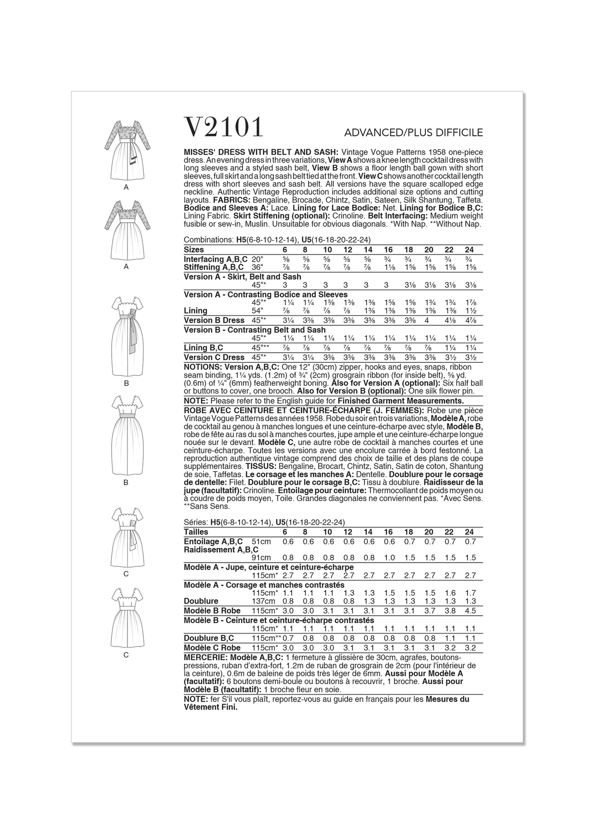 Patron Vogue n°2101 - Robe vintage à encolure festonnée et ceinture nouée