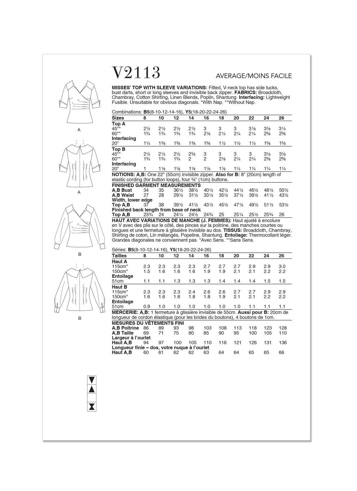 Patron Vogue n°2113 - Top ajusté col v & manches courtes ou longues