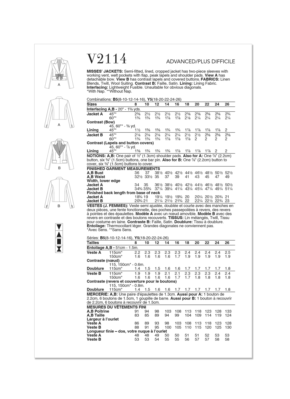 Patron Vogue n°2114 - Veste courte structurée à détails chics