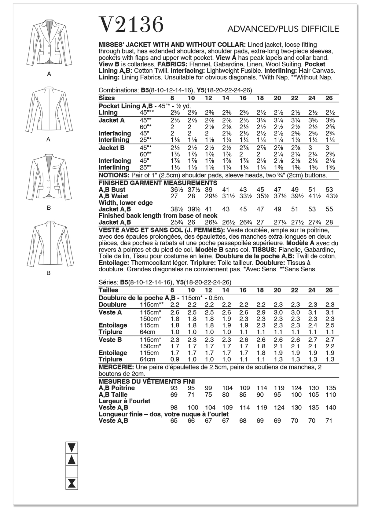 Patron Vogue n°2136 – Veste structurée doublée