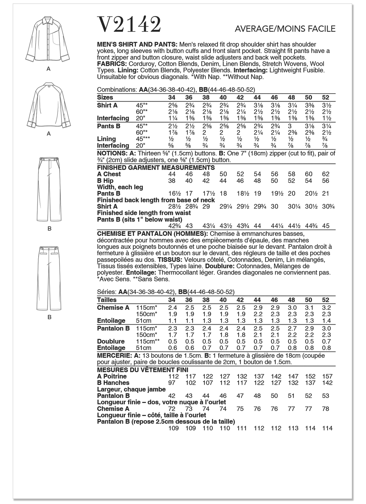 Patron Vogue n°2142 – Chemise à emmanchures basses & pantalon droit