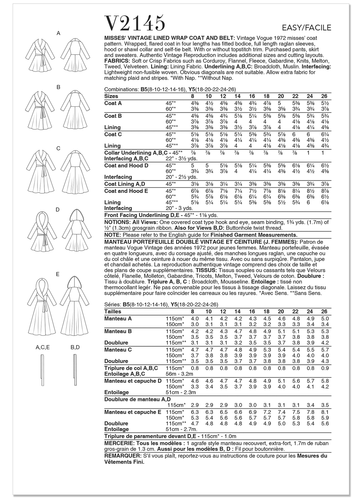 Patron Vogue n°2145 – Manteau portefeuille à ceinture