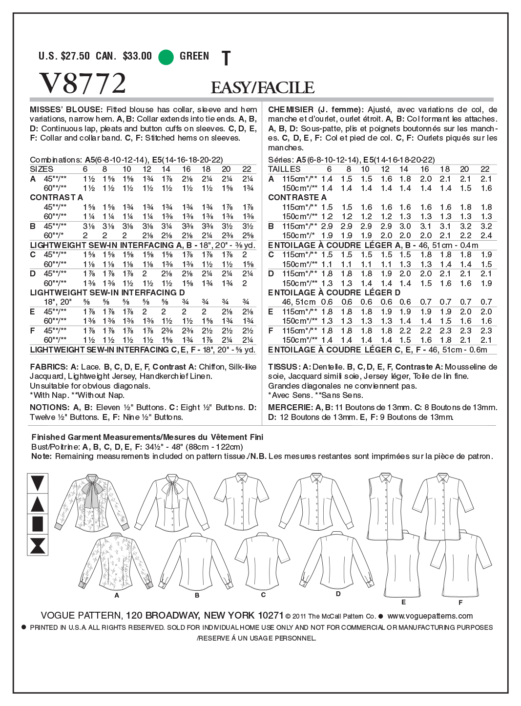 Patron Vogue n°8772 - Chemisier ajusté avec variations de col et de manches