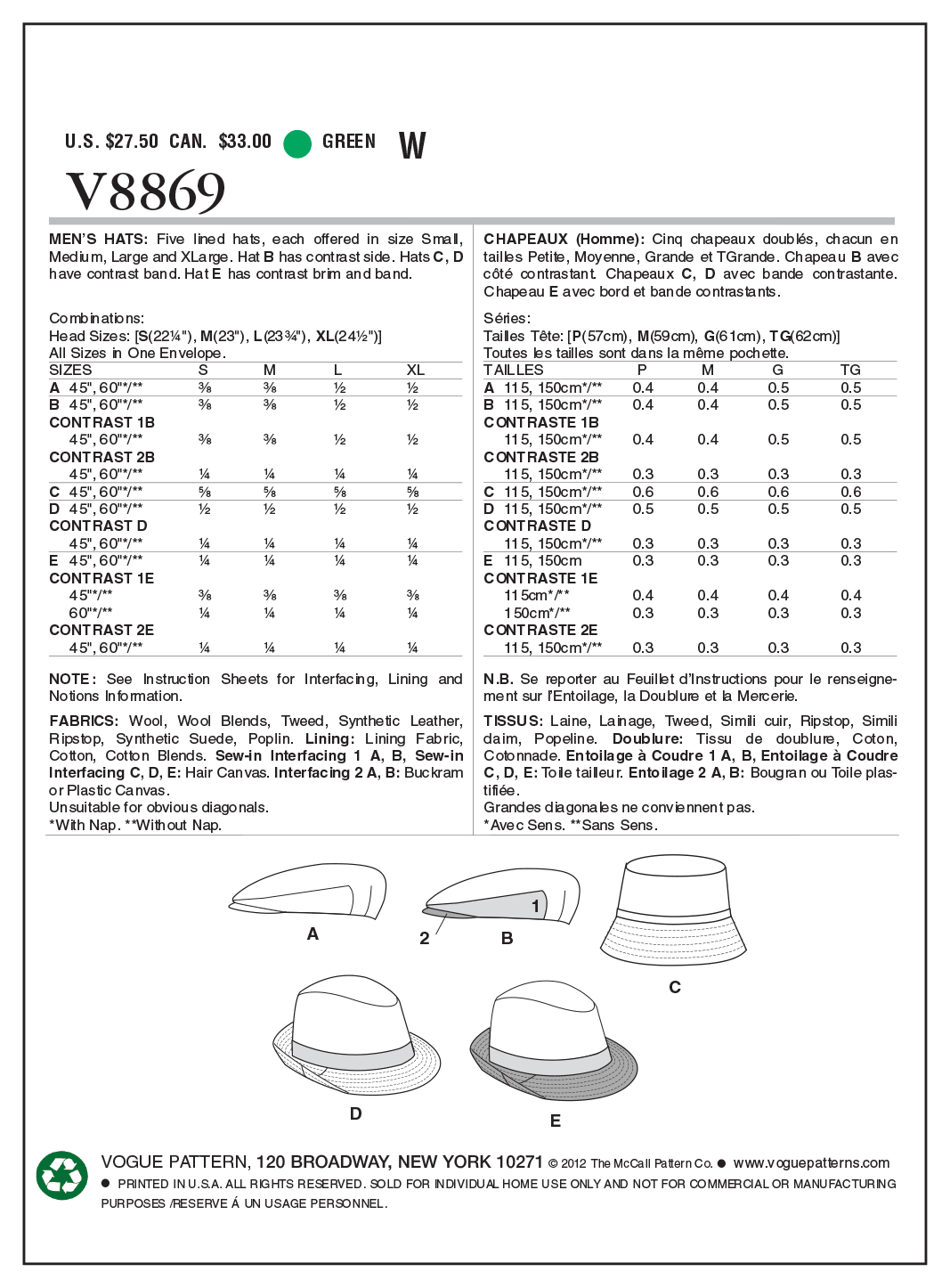 Patron Vogue n°8869 - Chapeaux homme : Trilby, casquette et bob