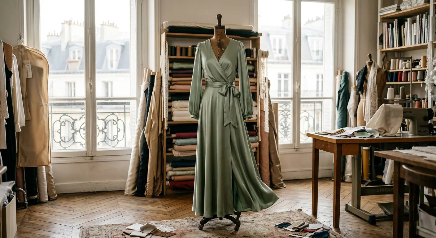 Robe d'invitée de mariage en satin de viscose vert sauge dans un atelier de couture parisien.