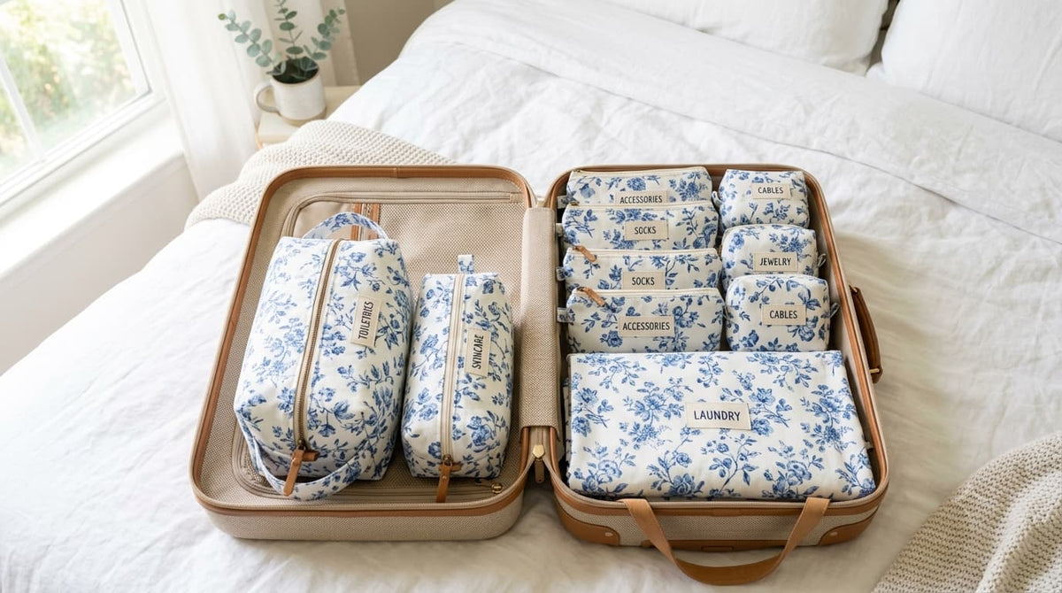 Valise ouverte organisée avec des pochettes, trousses et sacs à linge en tissu coton assortis.