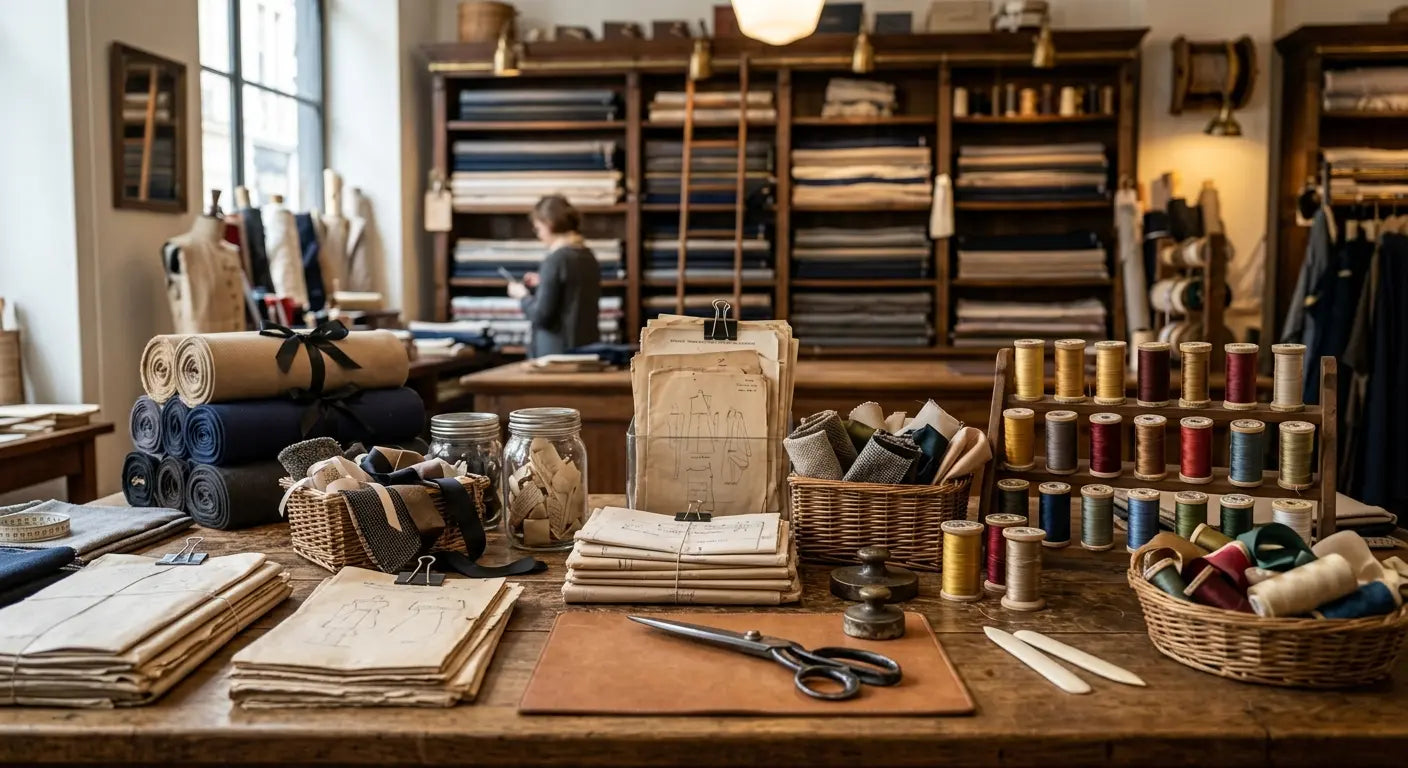 Atelier de couture parisien lumineux montrant une organisation optimisée pour une démarche zéro déchet.