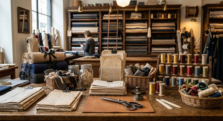 Atelier de couture parisien lumineux montrant une organisation optimisée pour une démarche zéro déchet.