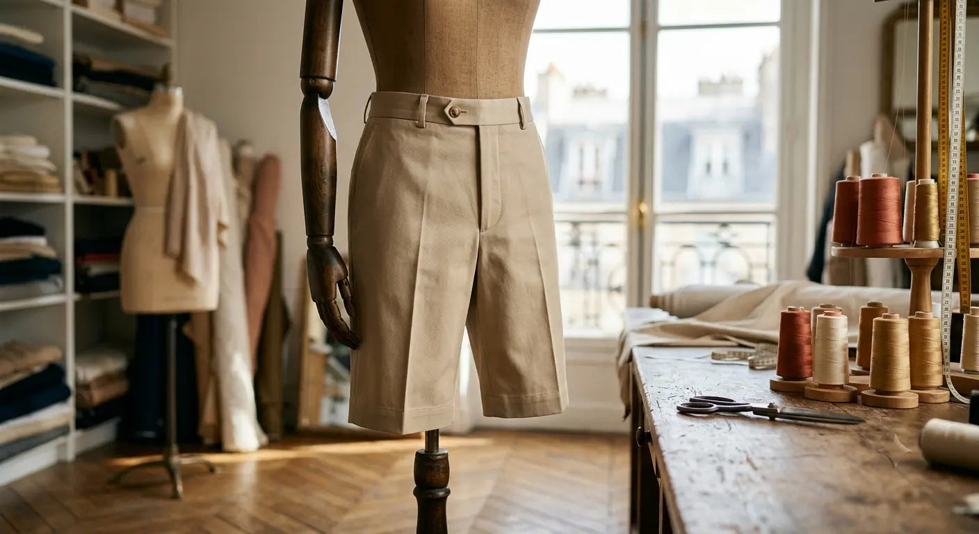 Bermuda structuré en gabardine de coton sable dans un atelier de haute couture parisien.