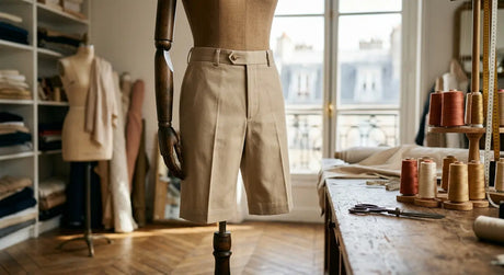 Bermuda structuré en gabardine de coton sable dans un atelier de haute couture parisien.
