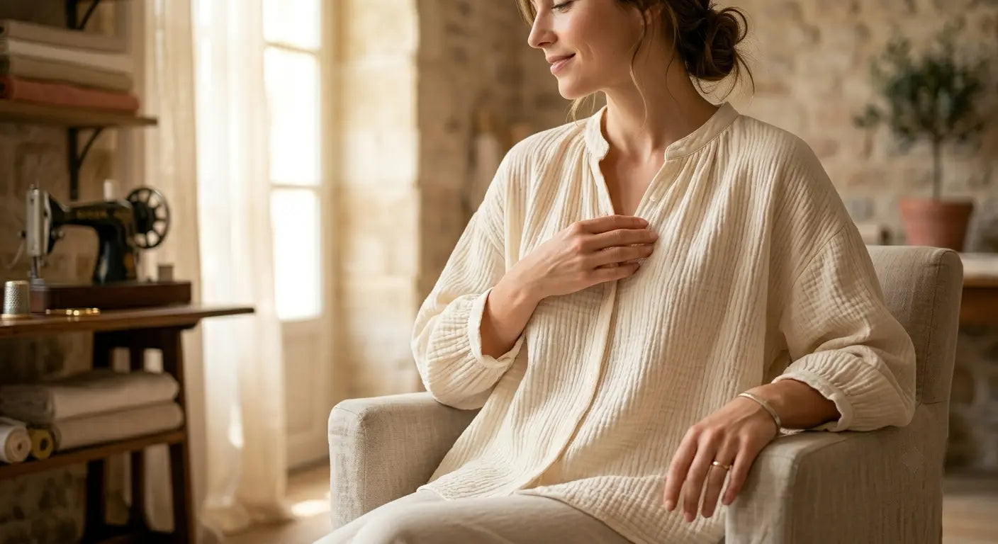 Photographie haute couture d'une blouse bohème en double gaze de coton crème à la texture gaufrée dans un atelier parisien.