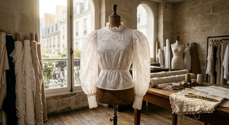 Blouse romantique en broderie anglaise blanche dans un atelier de couture parisien.