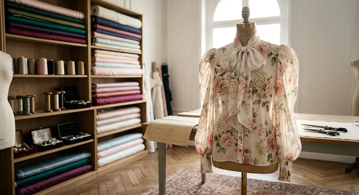 Blouse romantique à manches bouffantes en viscose fleurie dans un atelier de couture parisien.
