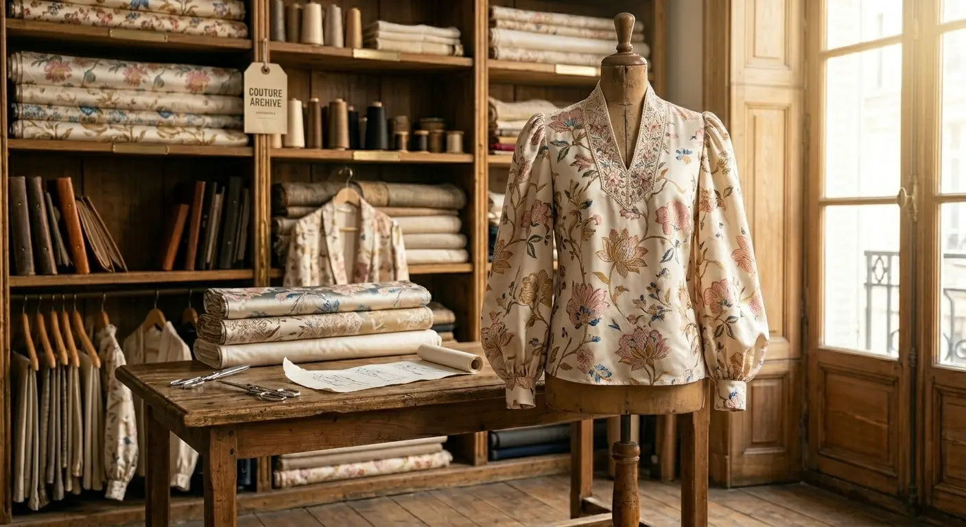 Blouse élégante en soie florale avec manches volumineuses dans un atelier de haute couture parisien.