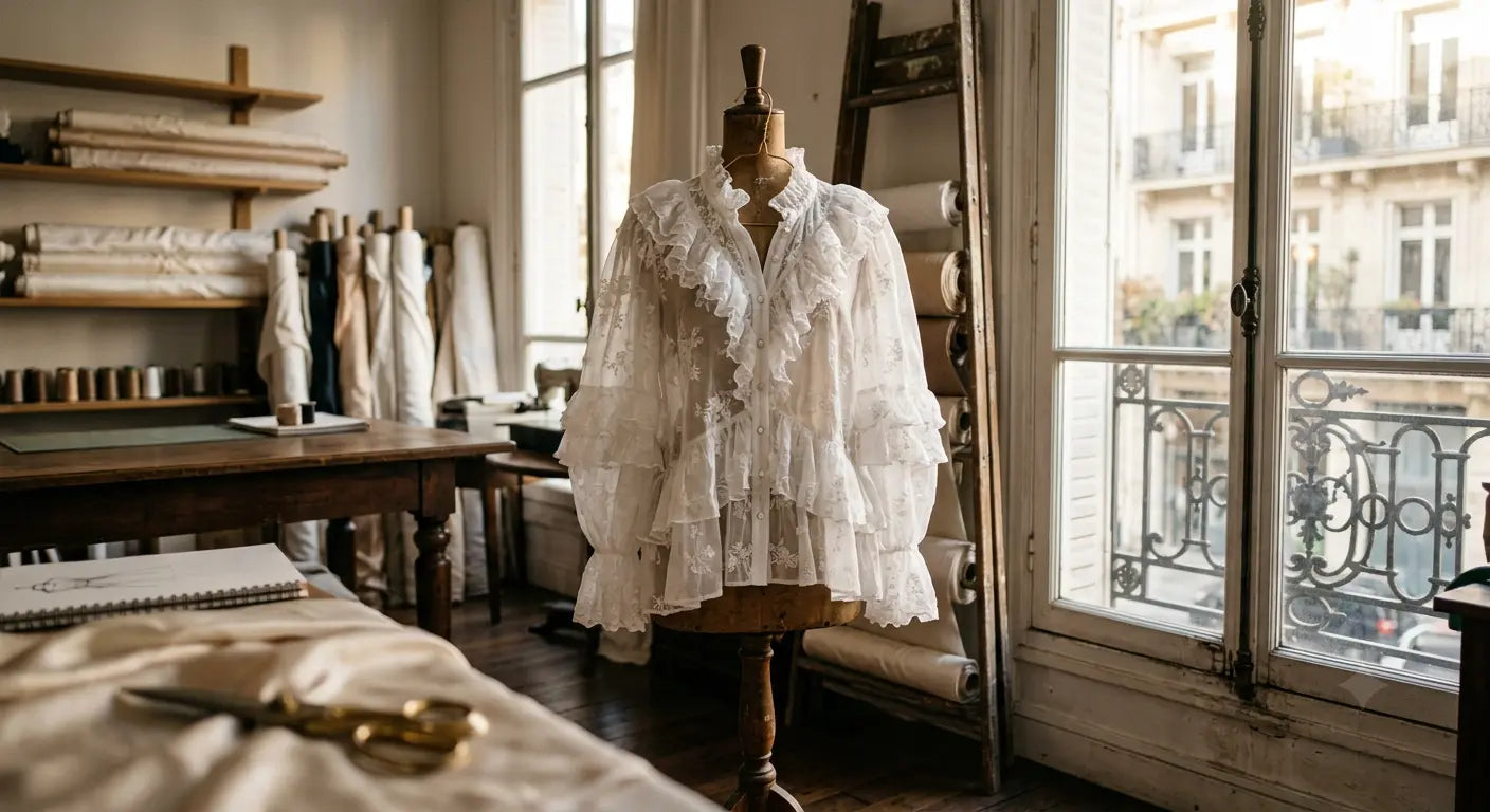 Blouse romantique en voile de coton blanc à fleurs dans un atelier de haute couture parisien.