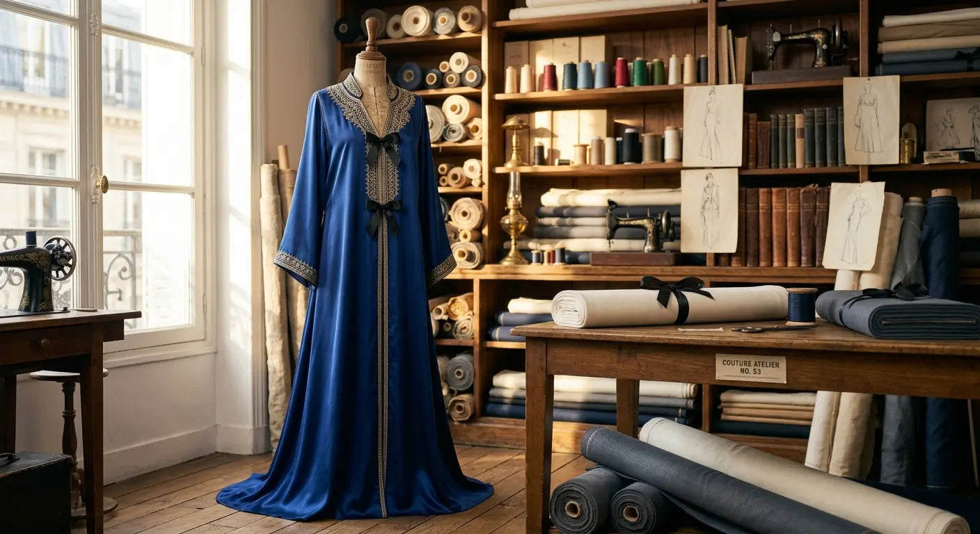 Caftan long en satin de viscose bleu roi avec broderies dorées dans un atelier de couture parisien.