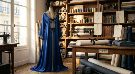 Caftan long en satin de viscose bleu roi avec broderies dorées dans un atelier de couture parisien.