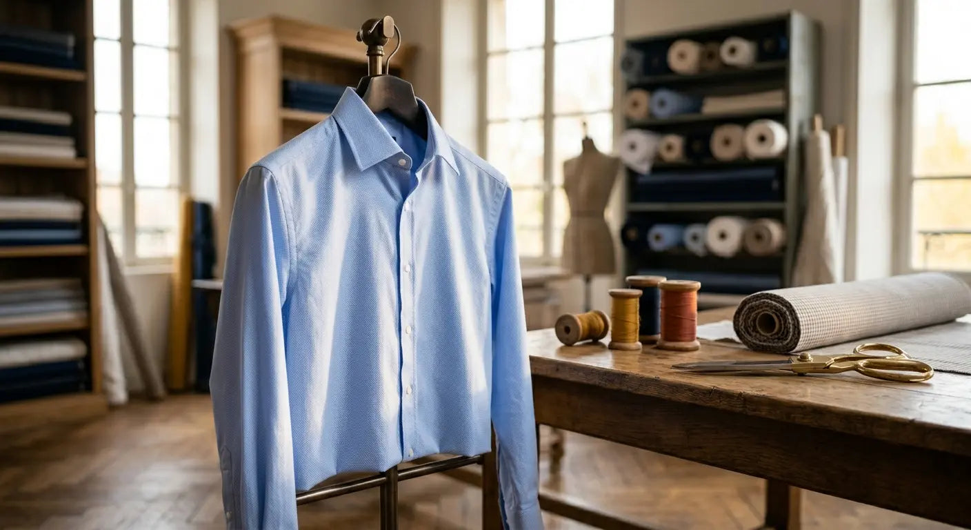 Chemise classique en tissu Oxford bleu ciel suspendue dans un atelier de haute couture à Paris.