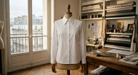 Chemisier blanc haut de gamme réalisé à la main dans un atelier de couture parisien.