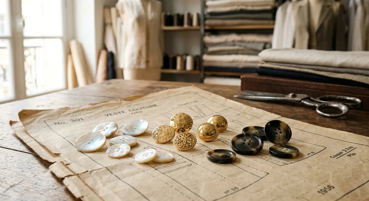 Assortiment de boutons de luxe en nacre, métal doré et corne dans un atelier de haute couture parisien.