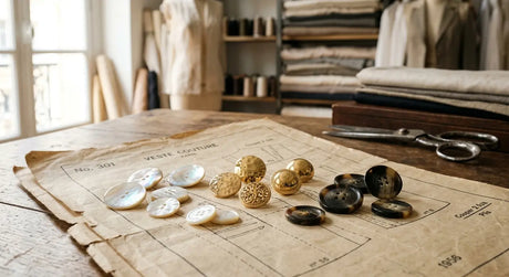 Assortiment de boutons de luxe en nacre, métal doré et corne dans un atelier de haute couture parisien.
