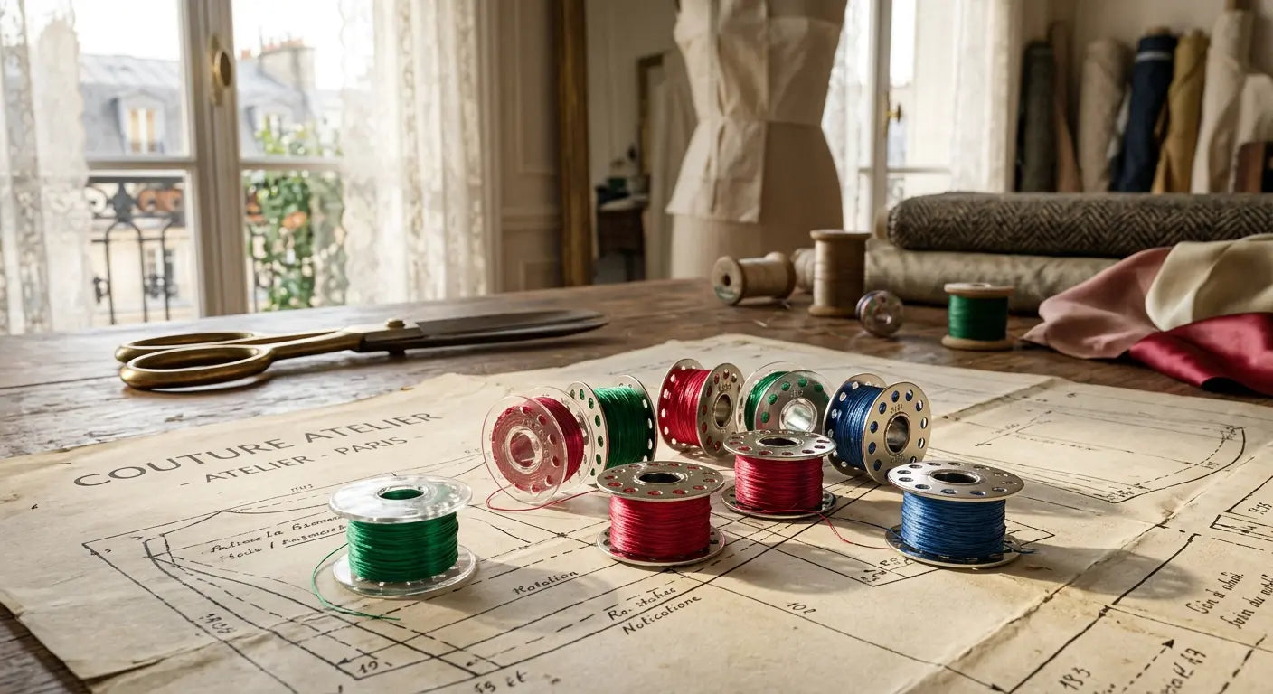 Assortiment de canettes de couture remplies de fils colorés dans un atelier de haute couture.