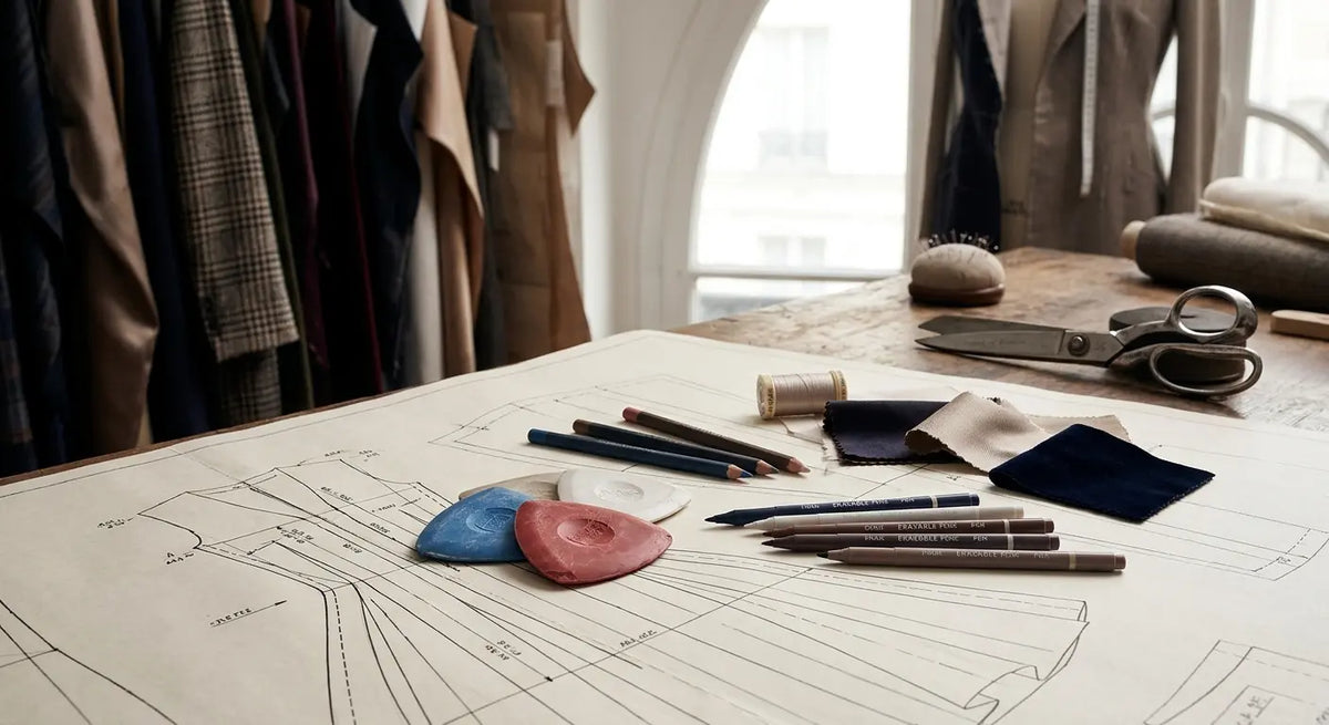 Assortiment d'outils de marquage et craies de tailleur sur un patron dans un atelier de couture.