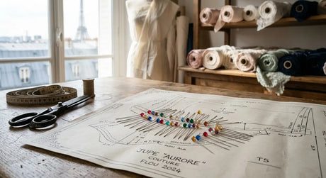 Assortiment d'épingles de couture professionnelles sur un patron dans un atelier de haute couture.