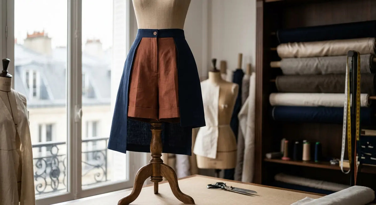 Short en lin et jupe droite réalisés à la main dans un atelier de couture parisien.