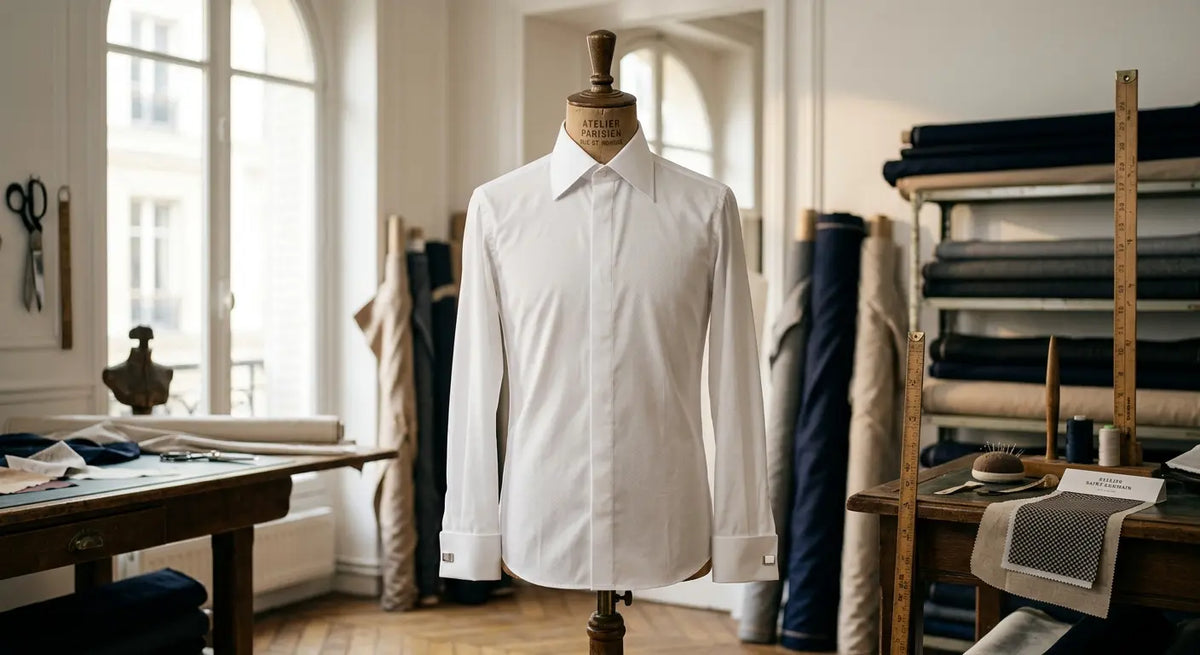 Chemise de luxe pour homme sur un mannequin de bois dans un atelier de couture parisien.