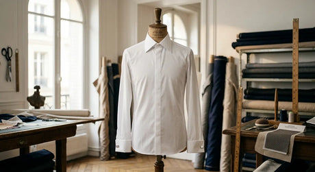 Chemise de luxe pour homme sur un mannequin de bois dans un atelier de couture parisien.