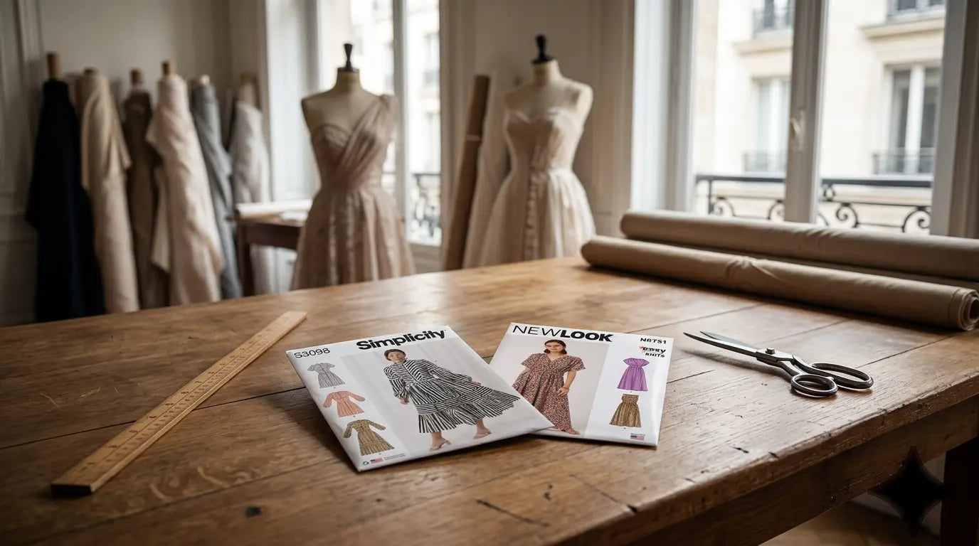 Comparaison de pochettes de patrons Simplicity et New Look dans un atelier de haute couture à Paris.