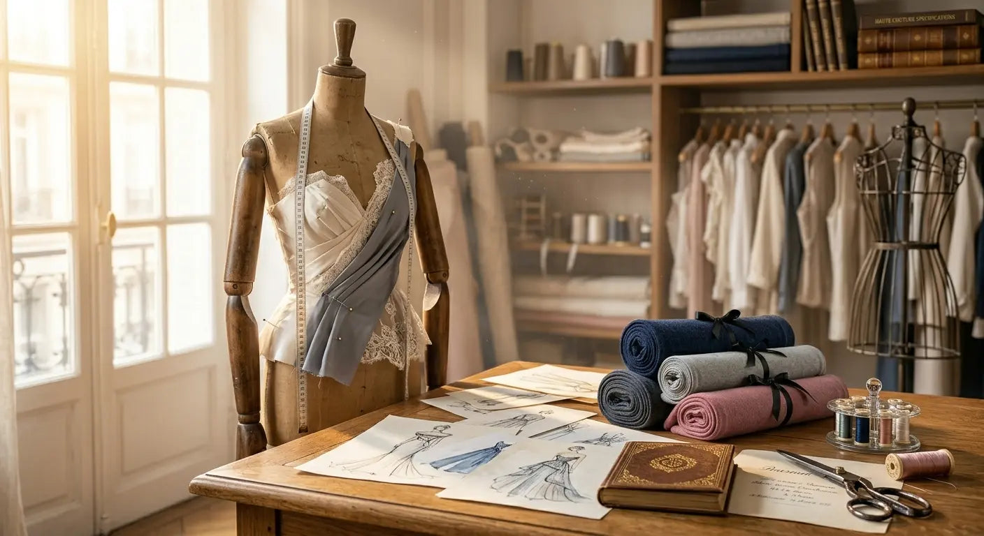Atelier de couture parisien avec croquis et rouleaux de tissus de luxe, inspiration pour tous les niveaux.