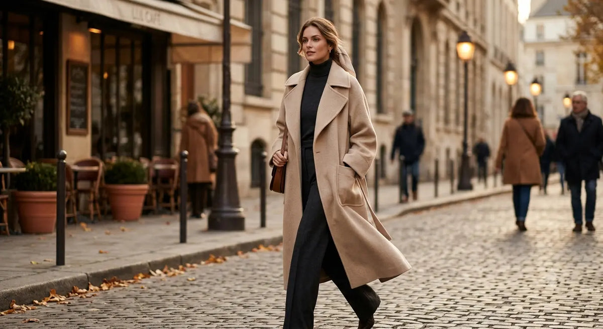 Manteau long oversize en laine beige porté avec élégance pour illustrer un projet couture