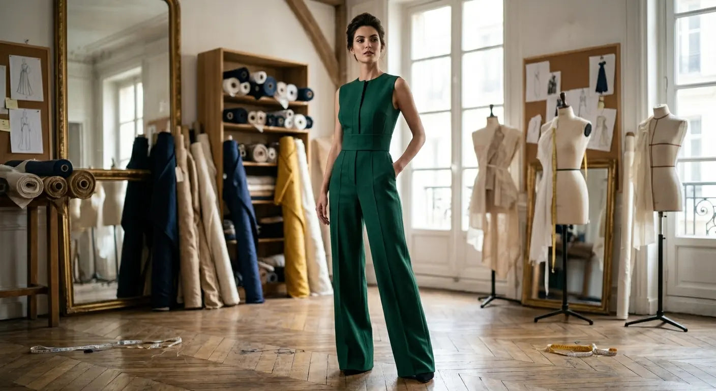 Combinaison pantalon structurée pour femme en gabardine vert émeraude dans un atelier de couture parisien.