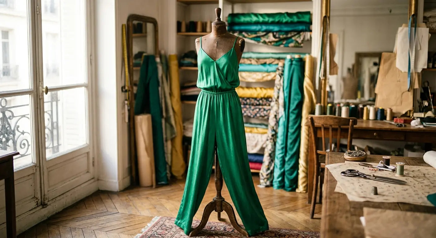 Combinaison pantalon fluide en viscose vert émeraude dans un atelier de haute couture à Paris.