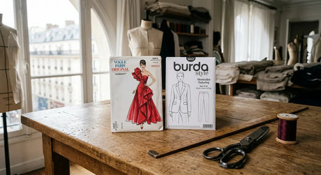 Comparaison de patrons de couture Burda et Vogue sur une table de tailleur professionnel.