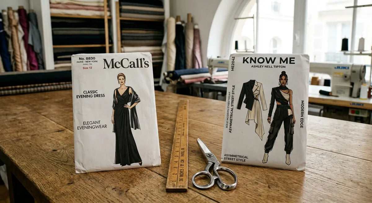 Comparaison de styles entre les patrons de couture McCall's et Know Me dans un atelier de luxe.