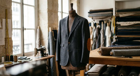 Veste de tailleur en laine grise avec coudières en daim cognac dans un atelier de couture parisien.