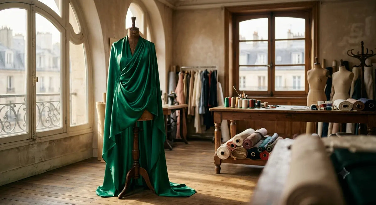 Tissu en soie de luxe vert émeraude drapé sur un mannequin dans un atelier de couture parisien.