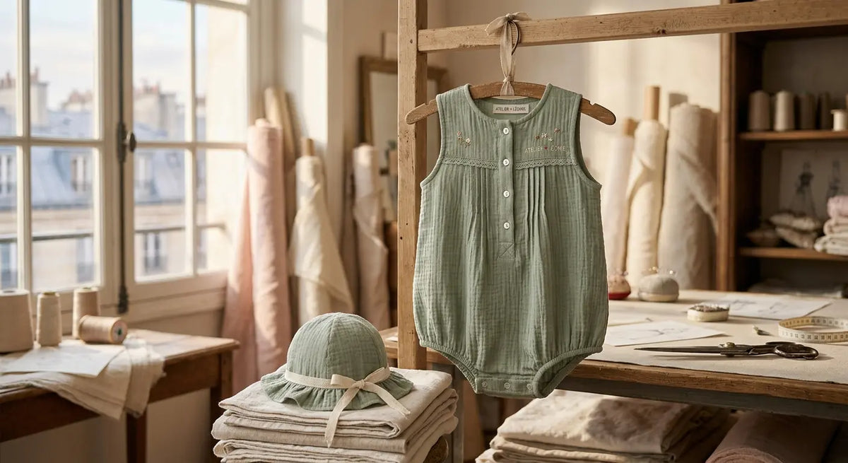 Vêtement pour enfant en double gaze réalisé à la main dans un atelier de couture parisien.