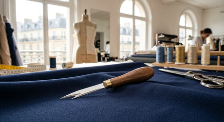 Découd-vite professionnel avec manche en bois précieux dans un atelier de haute couture parisien.