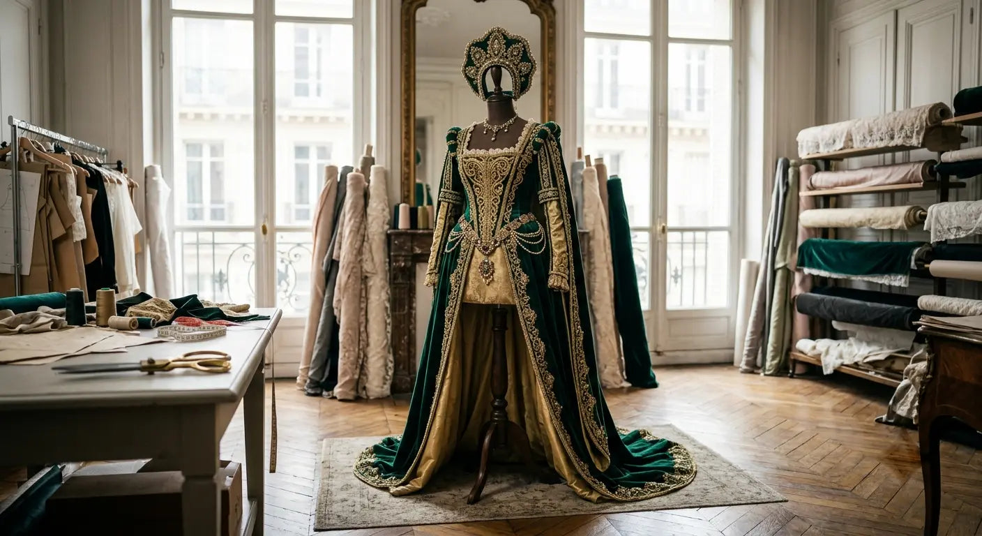 Costume historique de luxe en velours et soie dans un atelier de haute couture parisien.