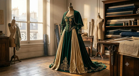 Robe de déguisement historique majestueuse en velours et satin dans un atelier de couture parisien.